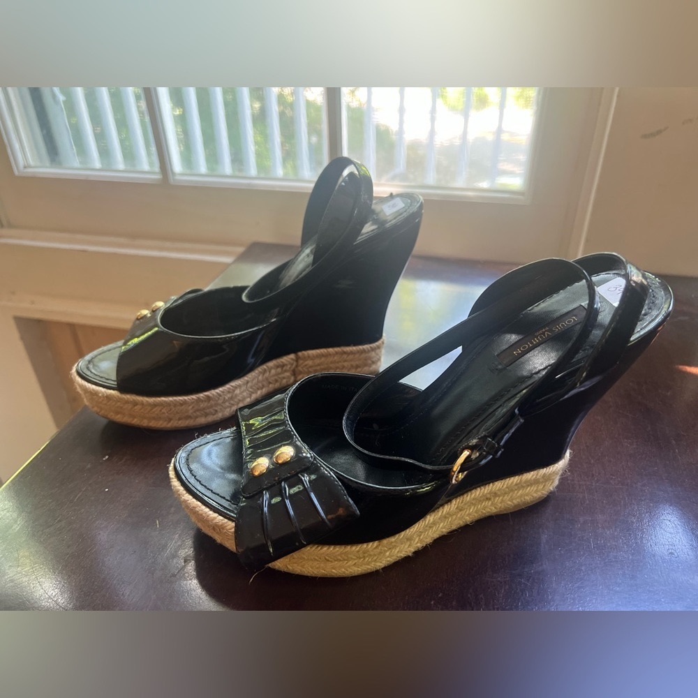 Louis Vuitton black sling back sandal wedge heels size 39 bow - Picture 2 of 8